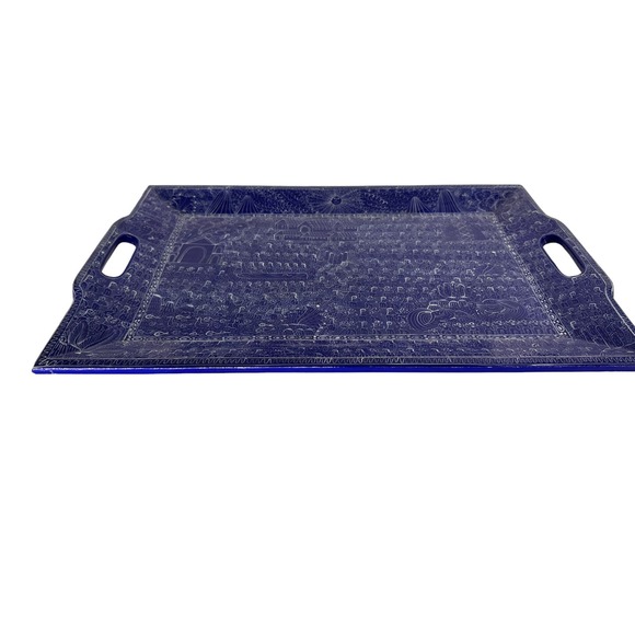 UNIQUE HAND PAINTED WOOD TRAY LARGE MEXICO BLUE - Picture 3 of 7